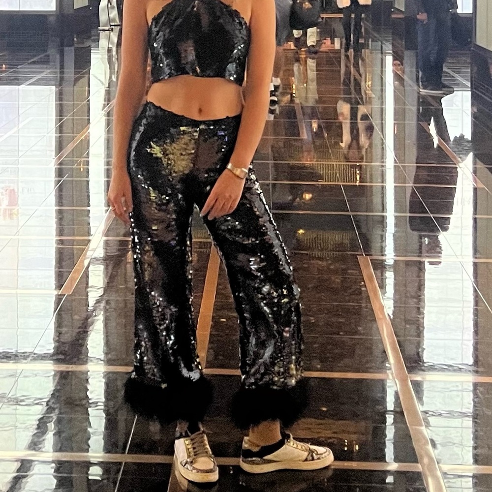 Alexis Black Sequin and Feather Pants